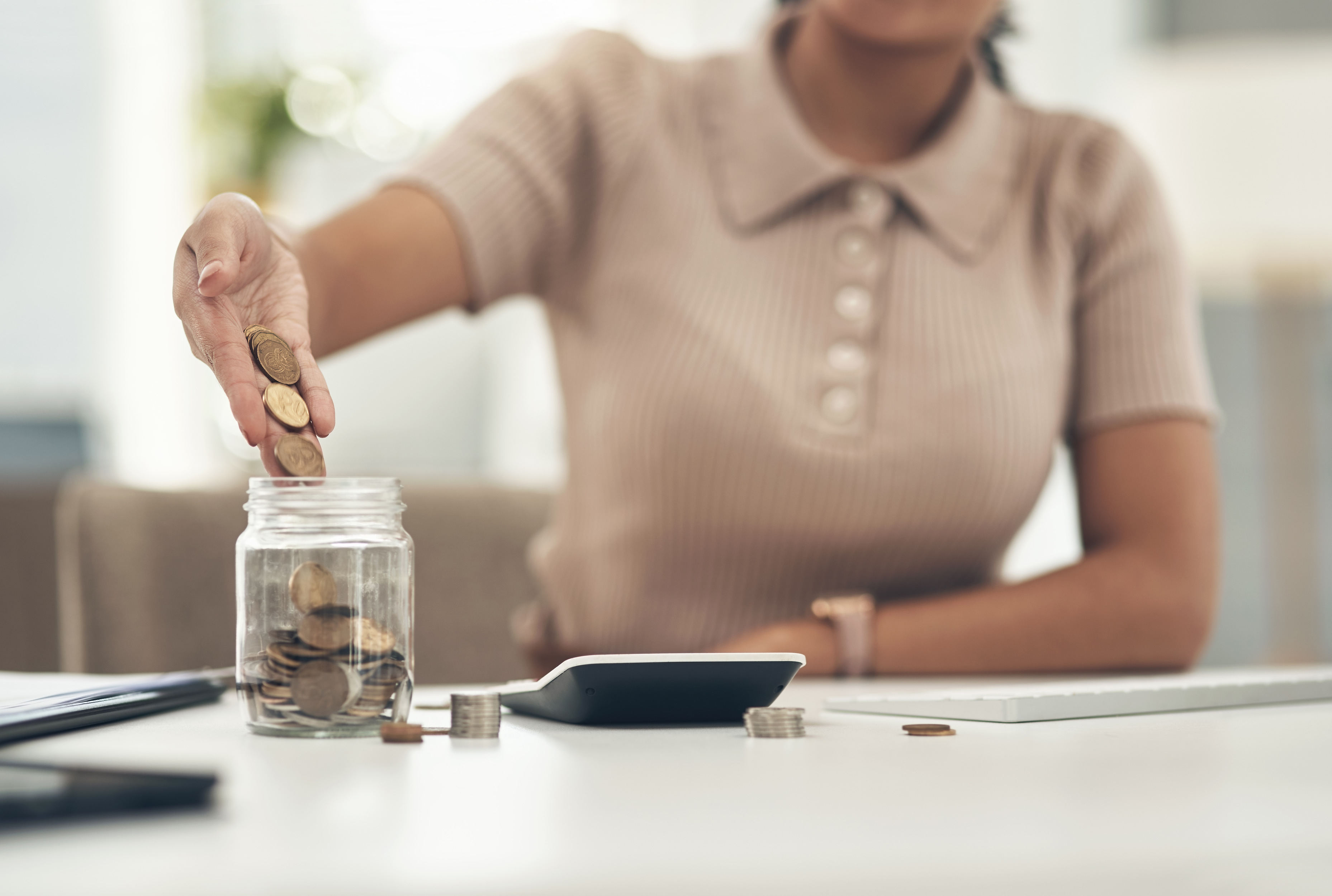 Finance Planning Saving Jar Investment Micro Loan Closeup Accountant Businesswoman Bank Advisor Sitting Desk Financial Growth Future Plans Career Change