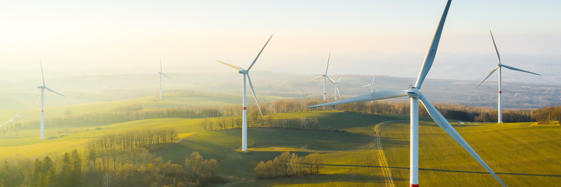 Panoramic View Wind Farm Wind Park With High Wind Turbines Generation Electricity With