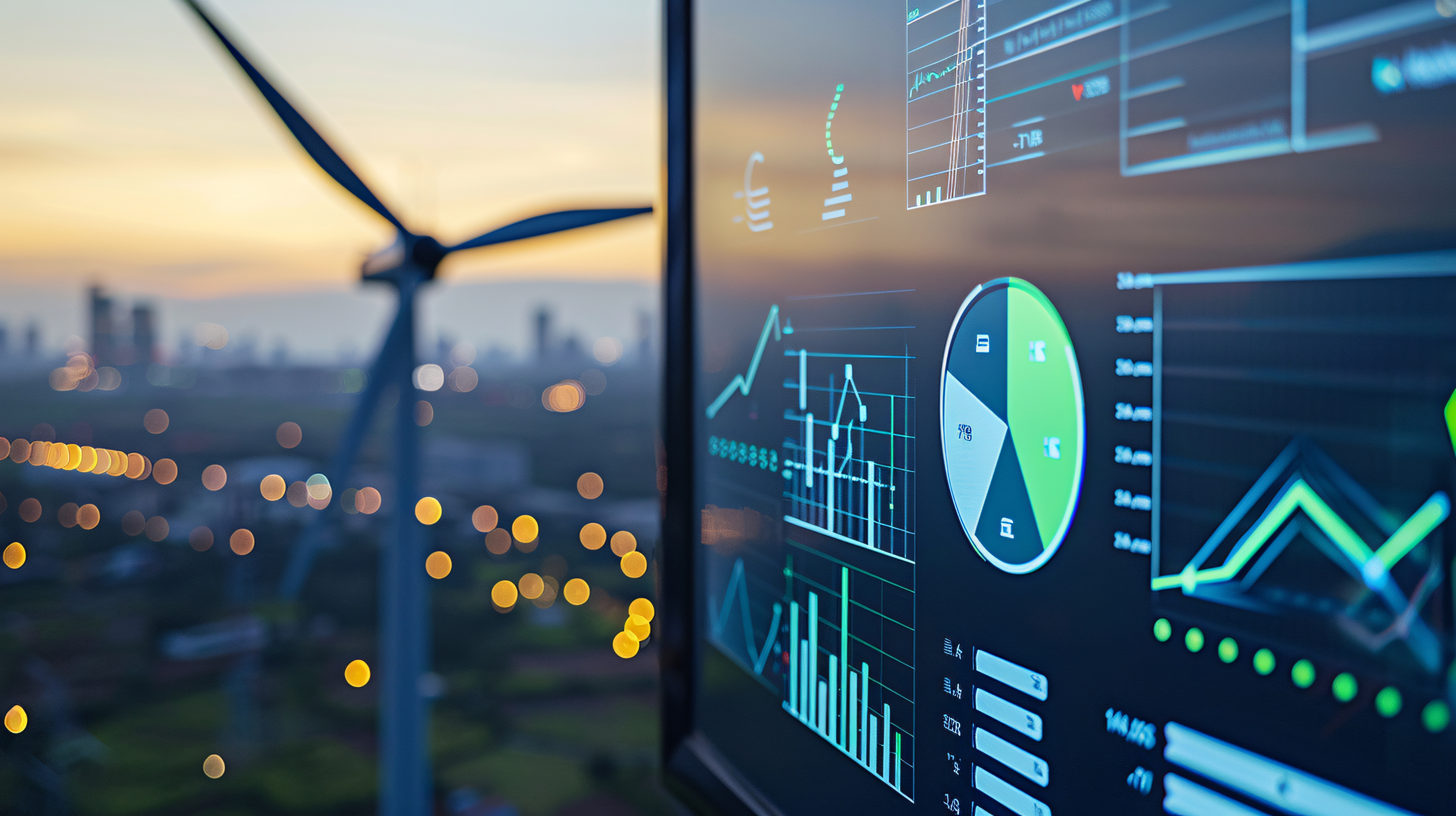 Closeup Computer Monitor With Graph Background Windmill